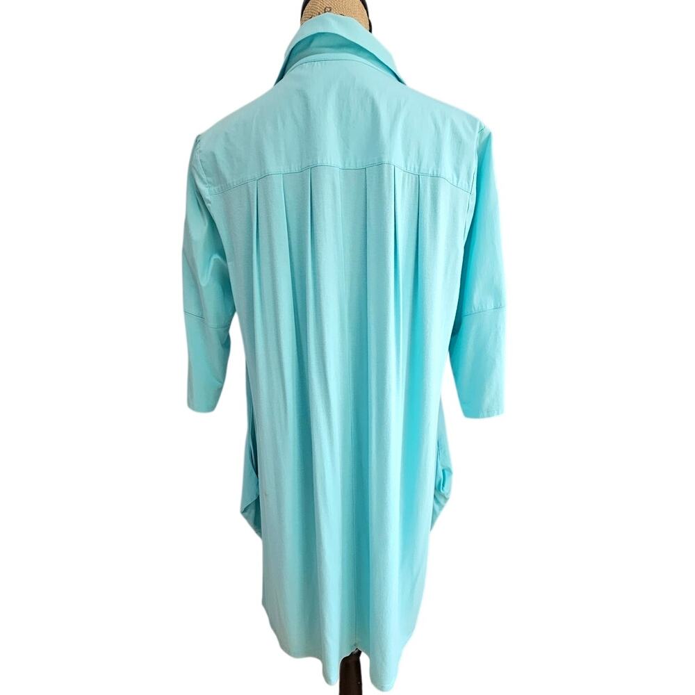 Stella Carakasi Button-Down Tunic Shirt Tulip Pockets Turquoise Jersey Back Sz M - Picture 4 of 9